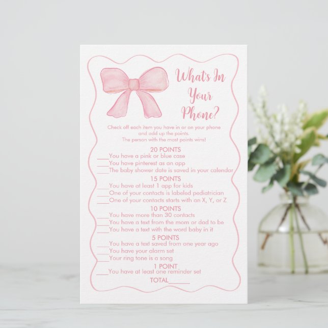 Lámina Pink Bow ¿Qué hay en tu juego de Baby Shower para  (Anverso de pie)