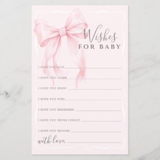 Lámina Pink Bow Wishes Advice Game for Girl Baby Shower 