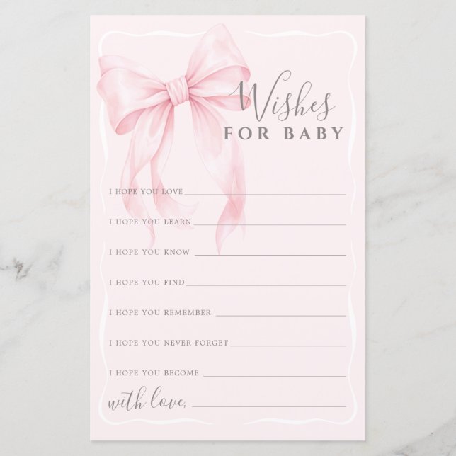 Lámina Pink Bow Wishes Advice Game for Girl Baby Shower  (Anverso)