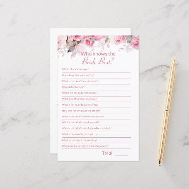 Lámina Pink Bridal Shower How well do you know Game Card (Anverso/Reverso In Situ)