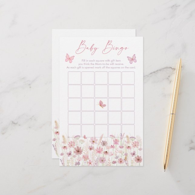 Lámina Pink Butterfly Wildflowers Baby Shower Bingo Game (Anverso/Reverso In Situ)