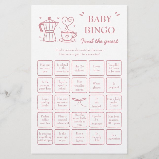 Lámina Pink Coffee Find the Guest Baby Bingo Game (Anverso)