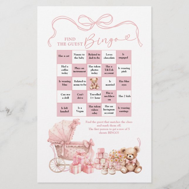Lámina Pink Coquette Baby Carriage Find The Guest Bingo (Anverso)