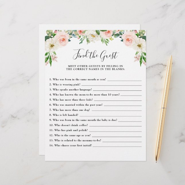 Lámina Pink Floral Baby Shower Game Find the Guest (Anverso/Reverso In Situ)