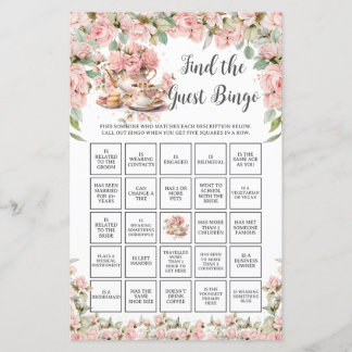 Lámina Pink Floral Tea Party Bridal Find the Guest Bingo
