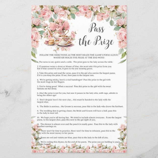 Lámina Pink Floral Tea Party Bridal Shower Pass the Prize (Anverso)