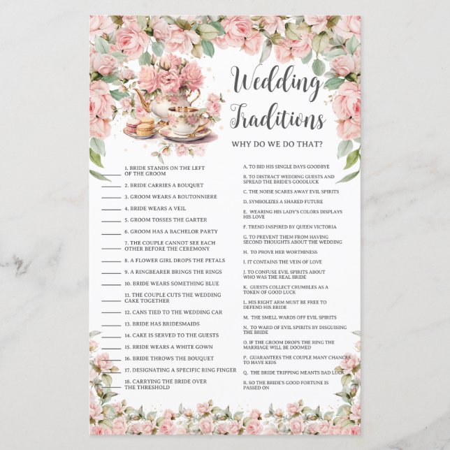 Lámina Pink Floral Tea Party Bridal Wedding Traditions (Anverso)