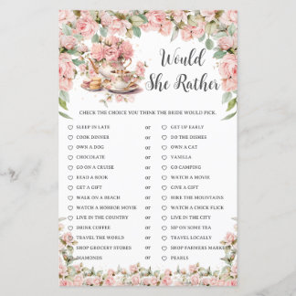 Lámina Pink Floral Tea Party Bridal Would She Rather Game