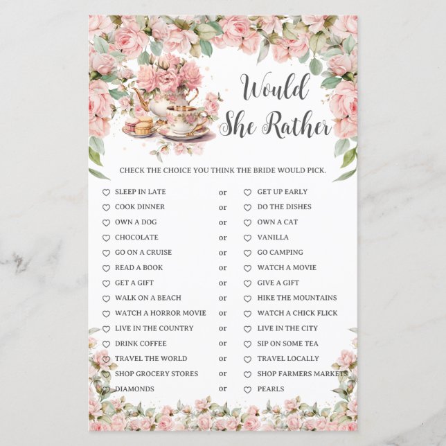 Lámina Pink Floral Tea Party Bridal Would She Rather Game (Anverso)