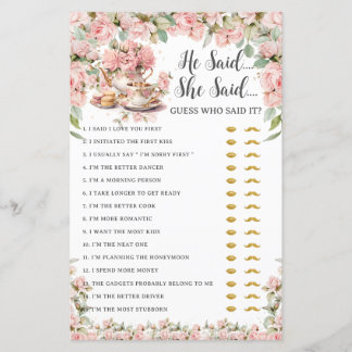 Lámina Pink Floral Tea Party He Said She Said Bridal Game
