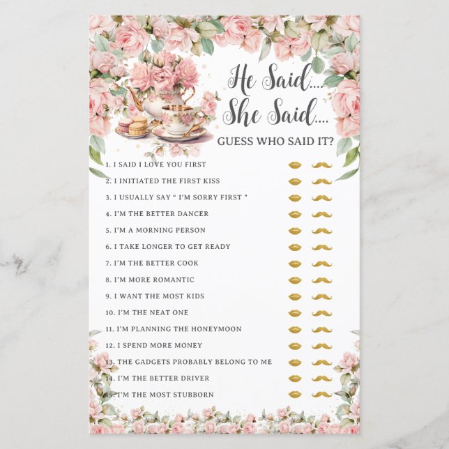 Lámina Pink Floral Tea Party He Said She Said Bridal Game (Anverso)