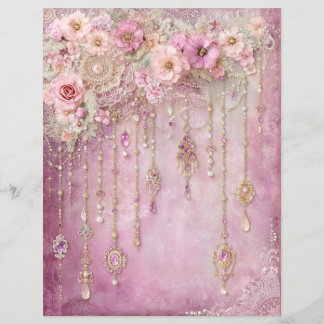 Lámina Pink Flowers Jewels Junk Journal Scrapbook Paper