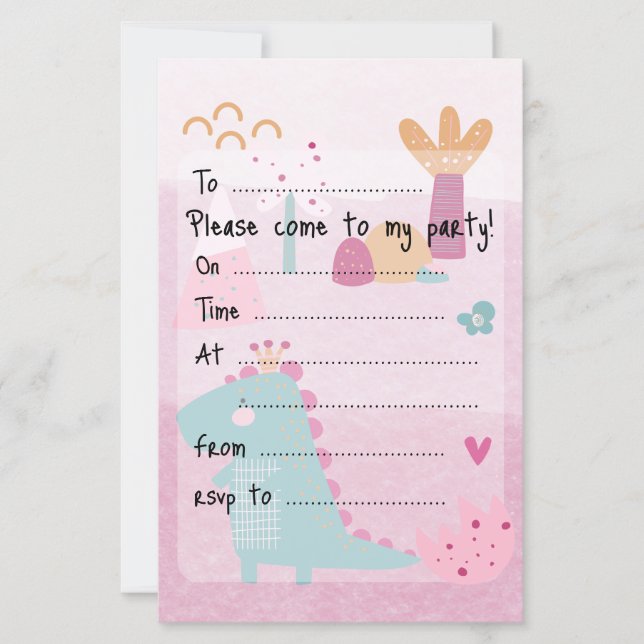 Lámina Pink Girl Dino Birthday Party Fill--In Paper Sheet (Anverso)