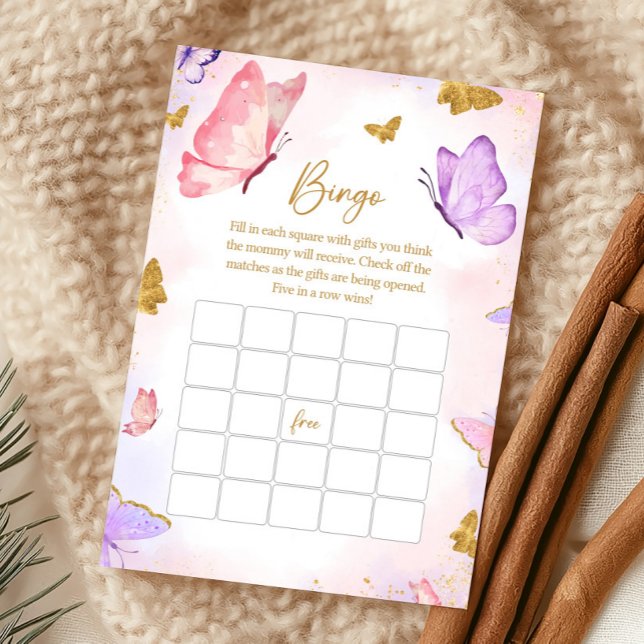Lámina Pink Gold Purple Butterfly Baby Shower Bingo Game (Butterfly Baby Shower Game)