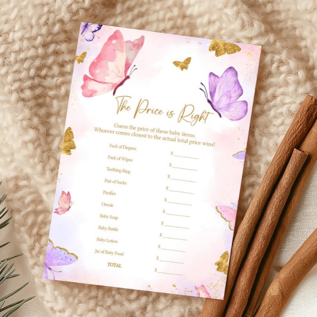 Lámina Pink Gold Purple Butterfly Baby Shower Price Game (Butterfly Baby Shower Game)