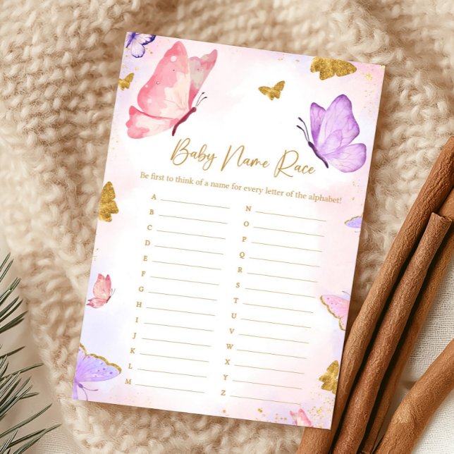 Lámina Pink Gold Purple Butterfly Shower Name Race Game (Butterfly Baby Shower Game)