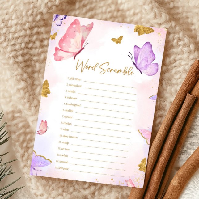 Lámina Pink Gold Purple Butterfly Shower Scramble Game (Butterfly Baby Shower Game)
