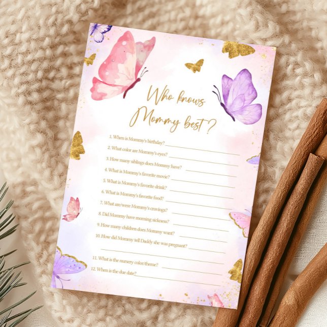 Lámina Pink Gold Purple Butterfly Shower Who knows Game (Butterfly Baby Shower Game)