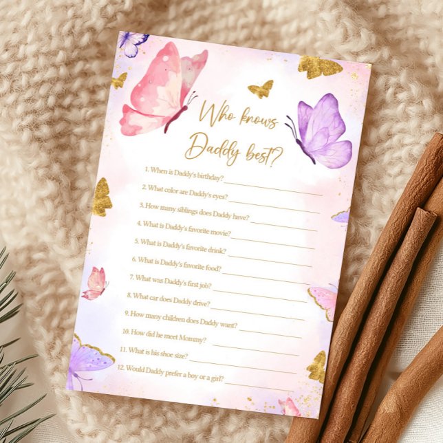 Lámina Pink Gold Purple Butterfly Shower Who knows Game (Butterfly Baby Shower Game)