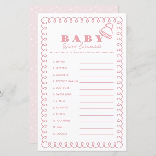 Lámina Pink Hand-Drawn Beanie Girl Baby Word Scramble (Anverso / Reverso)