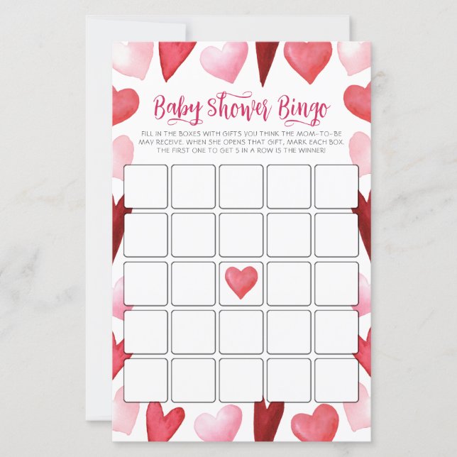 Lámina Pink Hearts Baby Shower Bingo Game Card (Anverso)