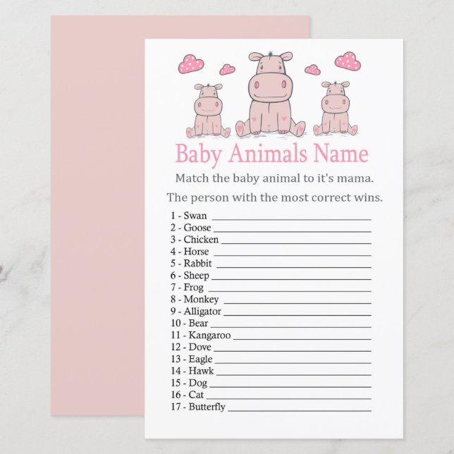 Lámina Pink Hippo Bebé Animales Nombre Juego (Anverso / Reverso)