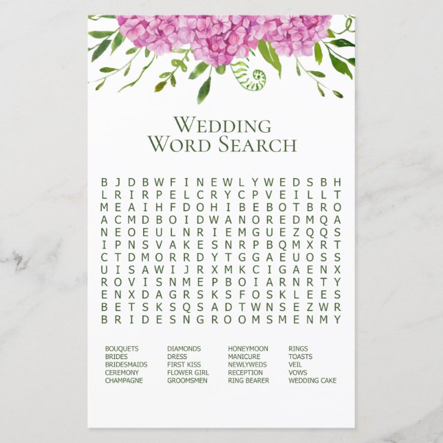 Lámina Pink Hydrangea Word Search Shower Game (Anverso)