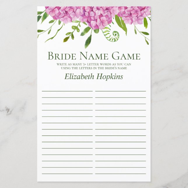 Lámina Pink Hydrangeas Name Shower Game (Anverso)