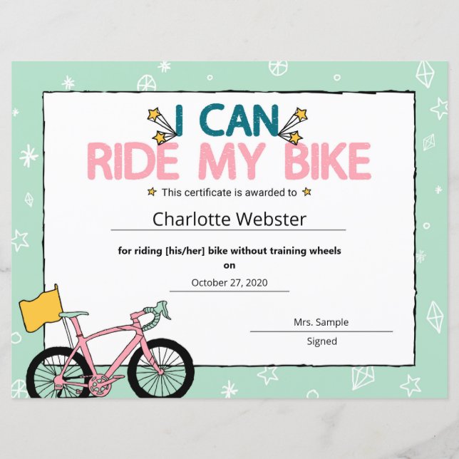 Lámina Pink I can Rige My Bike Milestone Certificate (Anverso)