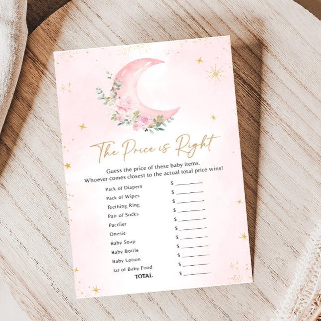 Lámina Pink Moon and Stars Baby Shower Name Race Game (Floral Monn and Stars Baby Shower Game)