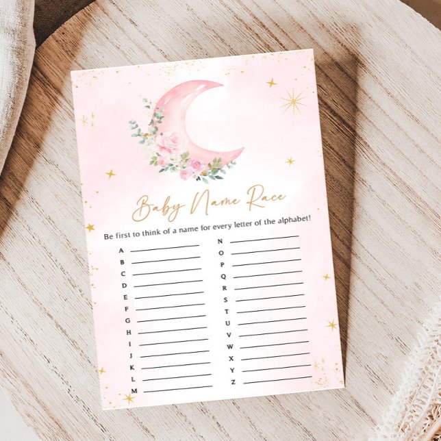 Lámina Pink Moon and Stars Baby Shower Name Race Game (Floral Monn and Stars Baby Shower Game)
