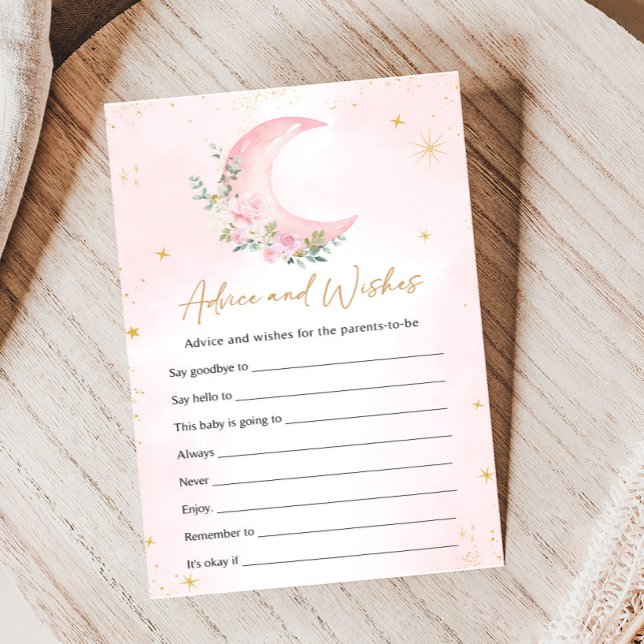 Lámina Pink Moon and Stars Shower Advice and Wishes Game (Floral Monn and Stars Baby Shower Game)