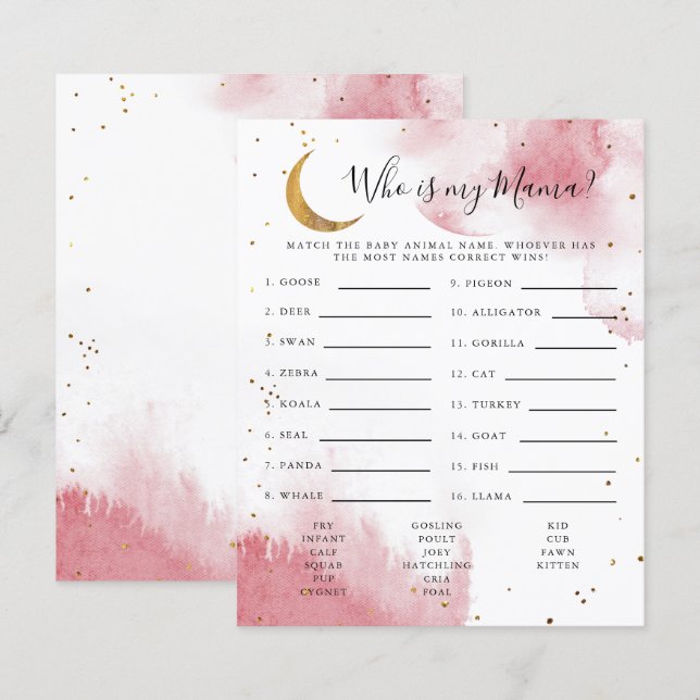 Lámina Pink Moon Who is My Mama Baby Shower Game (Anverso / Reverso)