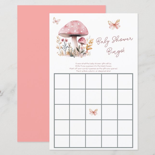 Lámina Pink Mushroom Woodland Baby Shower Bingo (Anverso / Reverso)