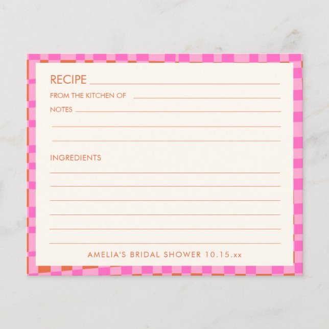 Lámina Pink Orange Personalized Bridal Shower Recipe Card (Anverso)