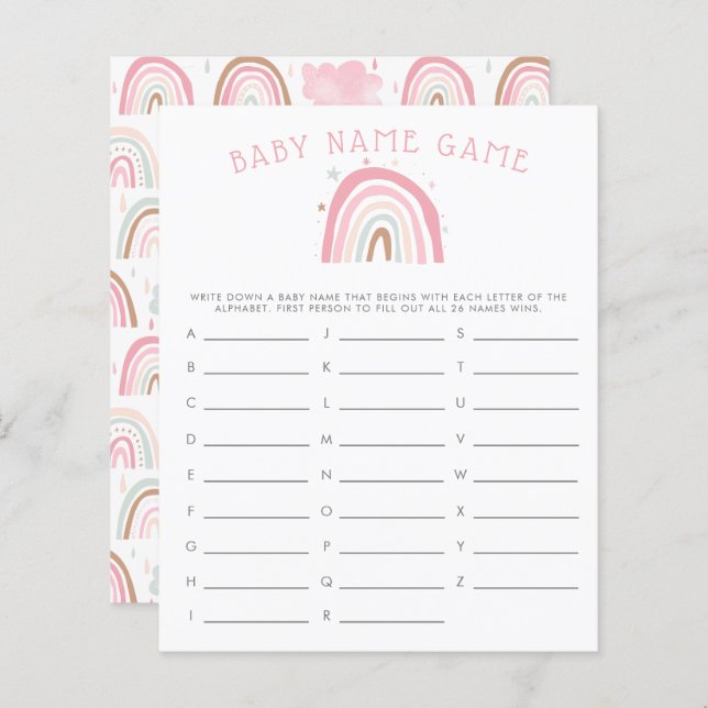 Lámina Pink Pastel Rainbow Baby Name Shower Game (Anverso / Reverso)