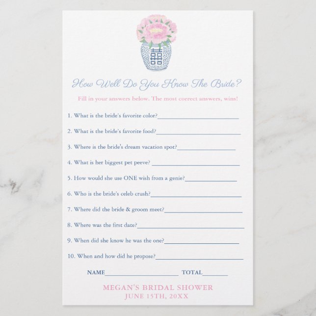 Lámina Pink Peonies Who Knows Bride The Best Game Sheet (Anverso)