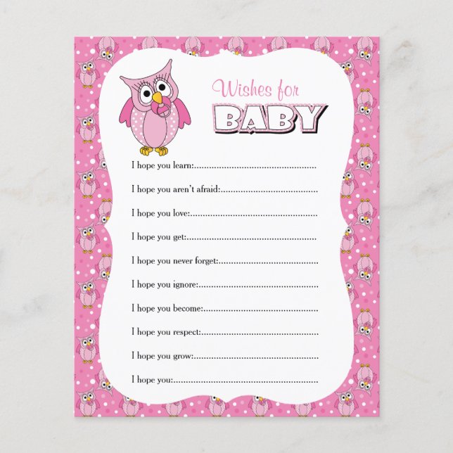 Lámina Pink Polka Dot Owl Baby Shower - Deseos (Anverso)