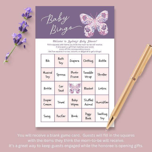 Lámina Pink Purple Butfly Baby Bingo Game Card (Shown at 5.5" x 8.5" size)