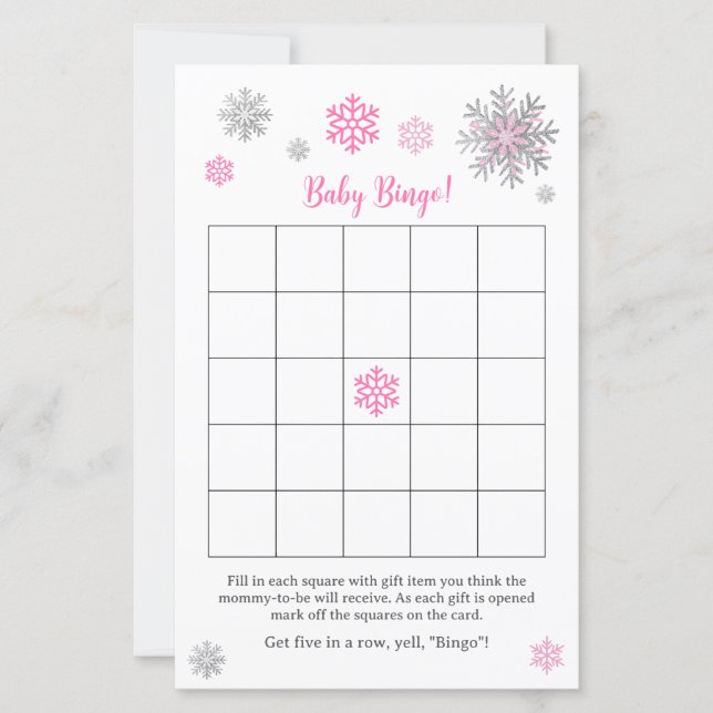 Lámina Pink Silver Snowflake Baby Shower Bingo Game  (Anverso)