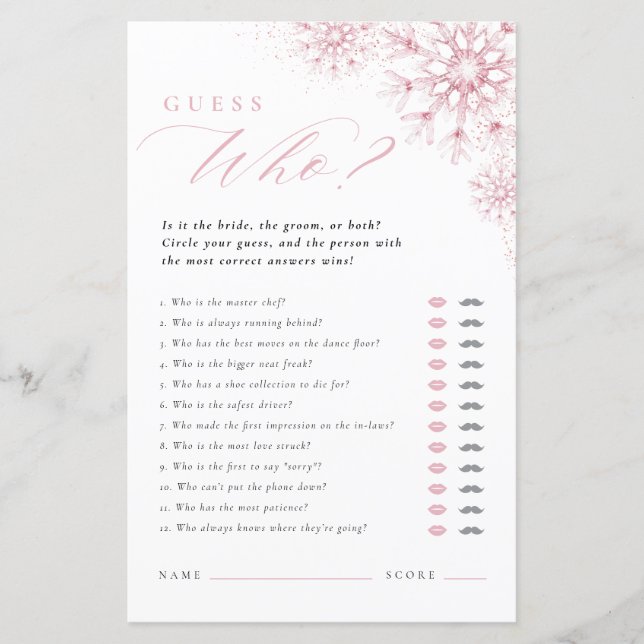 Lámina Pink Snow in Love Guess Who Bridal Shower Game (Anverso)