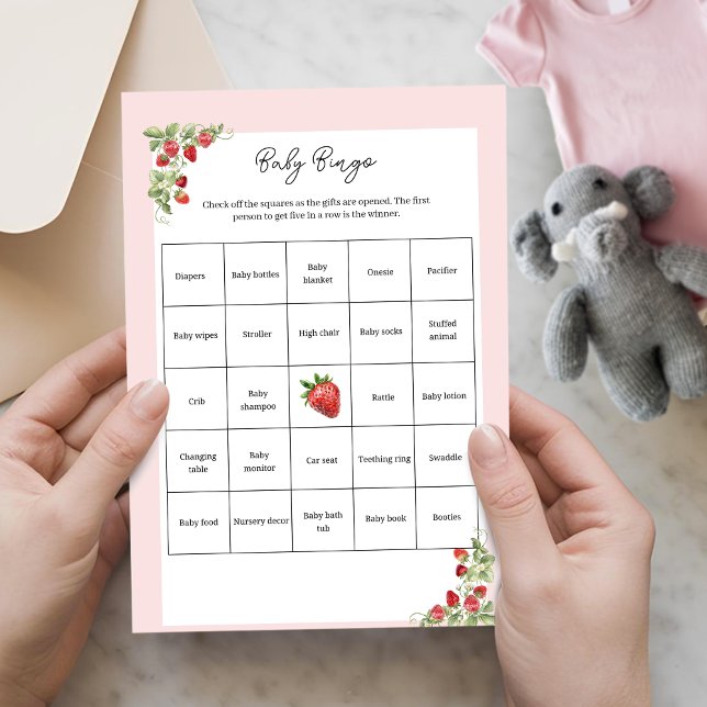Lámina Pink Strawberry Baby Shower Baby Bingo Activity (Berry Sweet Baby Bingo Activity Sheet)