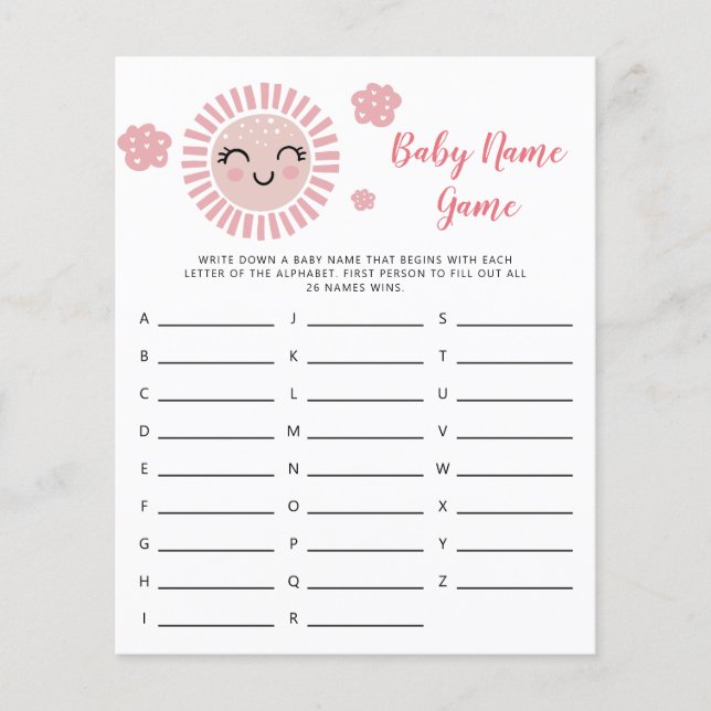 Lámina Pink Sunshine Baby Name Shower Game (Anverso)