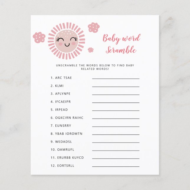 Lámina Pink Sunshine Baby Shower Word Scramble Game (Anverso)