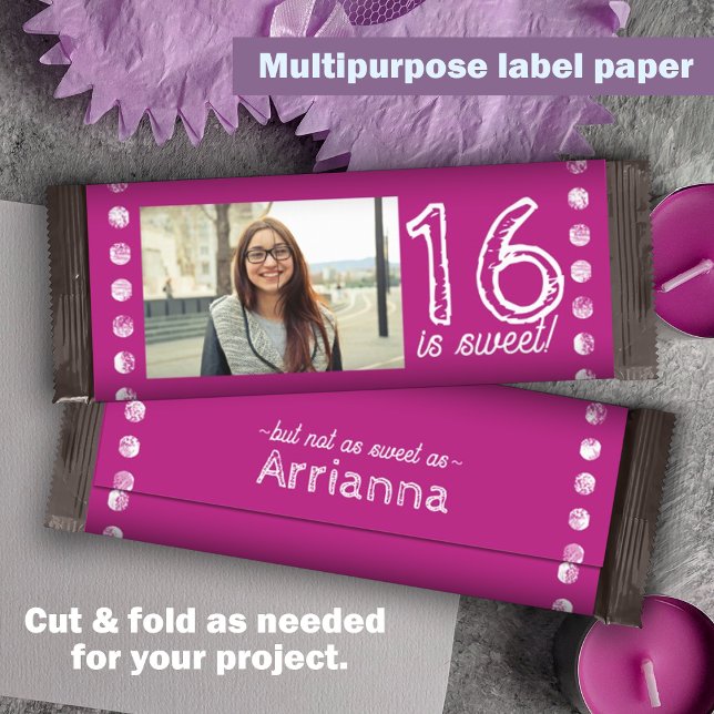 Lámina Pink Sweet 16 Birthday Candy Bar Wrapper (hot pink sweet 16 sixteen candy bar wrapper, party chocolate bar wrapper personalized customized)