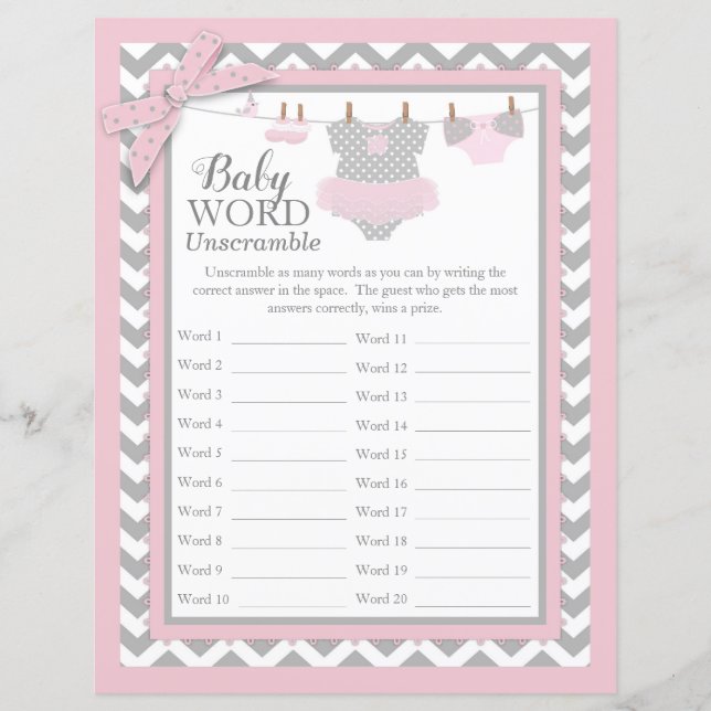 Lámina Pink Tutu Chevron Imprimir Baby Shower Word Scramb (Anverso)