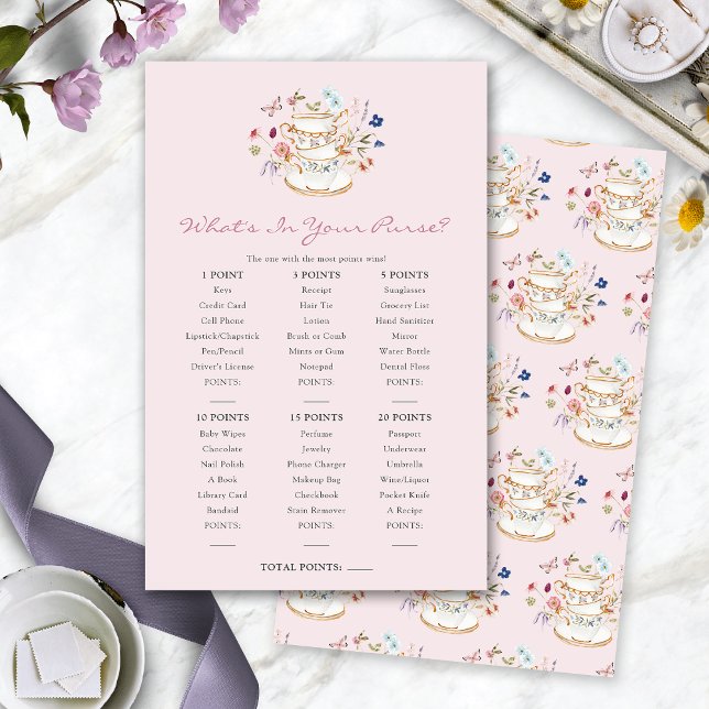 Lámina Pink What's In Your Purse Game (Pink Tea Party Wedding Shower What's In Your Purse Game by Painted Paperie
)
