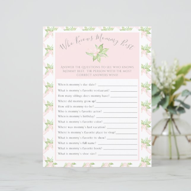 Lámina Pink Who Knmy Best Baby Shower Game (Anverso de pie)