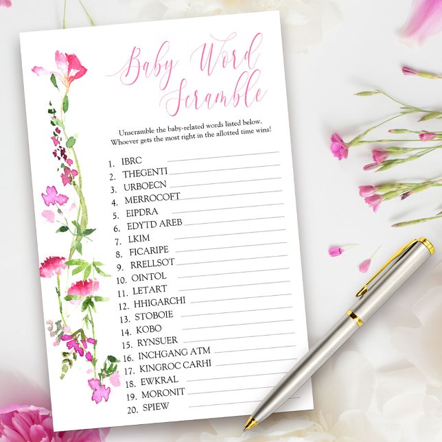 Lámina Pink Wilflower Baby Word Scramble Shower Game (Baby Shower Game Cards from my Pink Wildflower Collection. Message me to create co-ordinating items.)