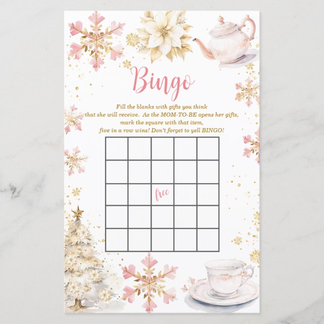 Lámina Pink Winter Tea Party Baby Shower Bingo Game (Anverso)